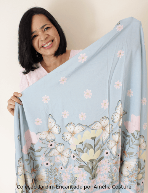 Tecido Viscose Especial Coleção Jardim Encantado por Amélia Costura - Barra de Vestido - Borboletas no Jardim - 100% Viscose - Largura 1,50m