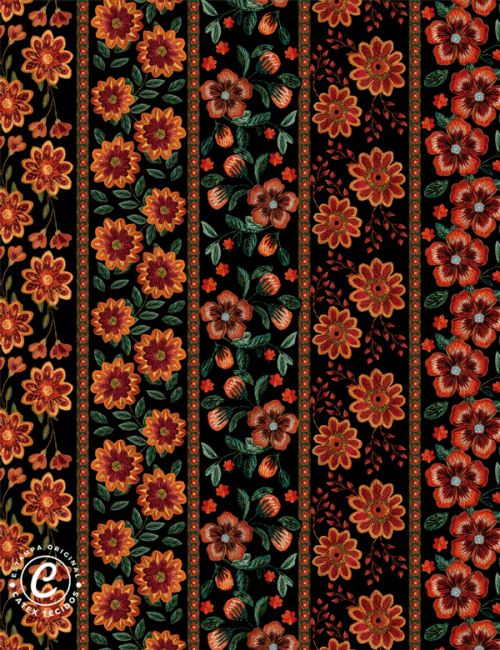 Tecido Viscose Estampada Especial Faixas de Flores Bordadas - Preto - 100% Viscose - Largura 1,50m