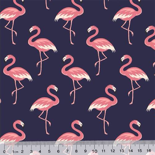 Tricoline Flamingos Elegância - Azul Marinho - 100% Algodão - Largura 1,50m