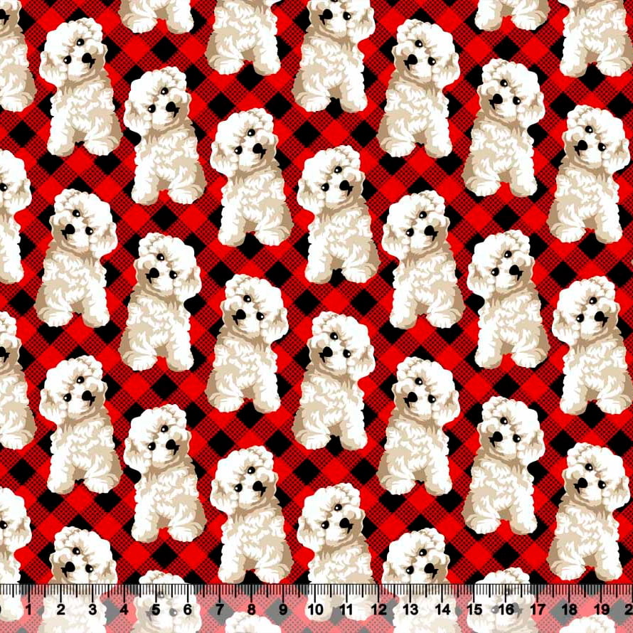 Tecido Tricoline Cãozinho Poodle - Vermelho - 100% Algodão - Largura: 1,50m