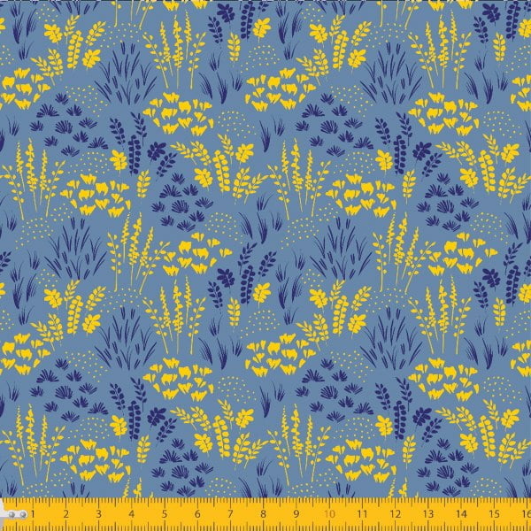 Tecido Tricoline Coleção Floral Beira Rio - Azul com Amarelo - 100% Algodão - Largura: 1,50m
