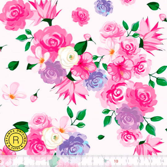Tecido Tricoline Coleção Mundo de Alegria Composê - Flores Diversas - 100% Algodão - Largura 1,50m