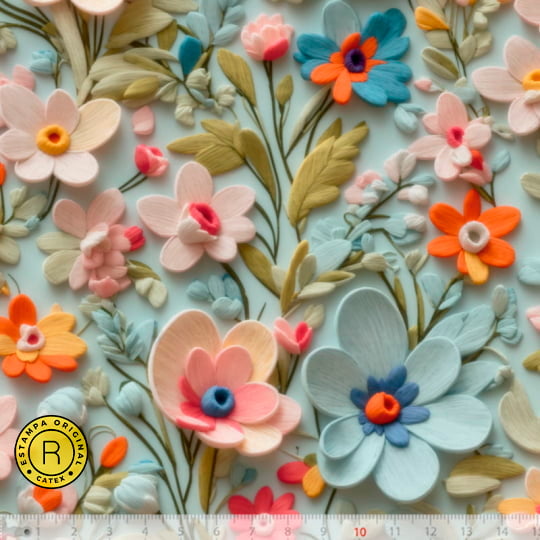 Tecido Tricoline Especial Coleção 3D - Floral 09 - 100% Algodão - Largura 1,50m