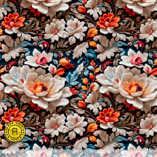 Tecido Tricoline Especial Coleção 3D - Floral 11 - 100% Algodão - Largura 1,50m