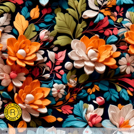 Tecido Tricoline Especial Coleção 3D - Floral 16 - 100% Algodão - Largura 1,50m