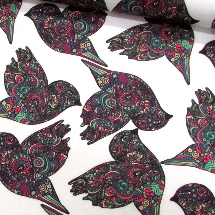 Tecido Tricoline Especial Pássaros Maori - Colorido - 100% Algodão - Largura 1,50m