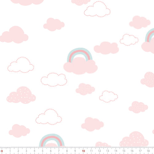 Tecido Tricoline Leve Baby - Céu e Nuvens - Rosa - 100% Algodão - Largura 1,50m 
