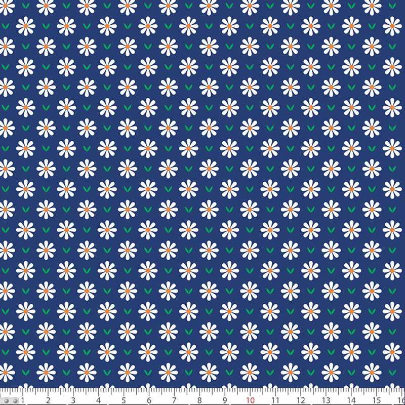 Tecido Tricoline Mini Margarida - Azul Marinho - 100% Algodão - Largura: 1,50m