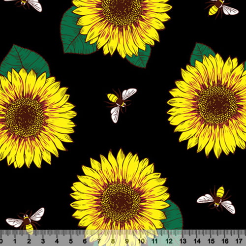 Tecido Tricoline Mista Girassol E Abelhas Fundo Preto