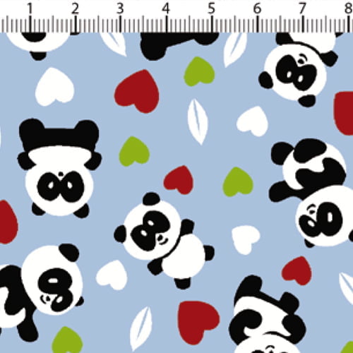 Tecido Tricoline Panda Divertido - Azul Claro - 100% Algodão - Largura 1,50m