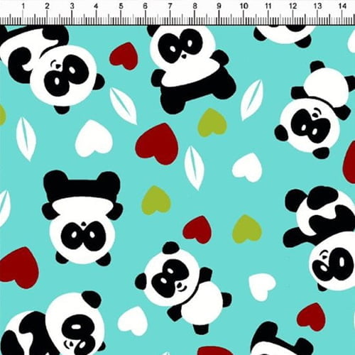 Tecido Tricoline Panda Divertido - Azul Piscina - 100% Algodão - Largura 1,50m