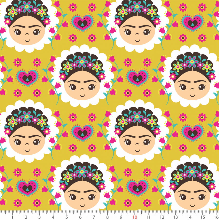 Tecido Tricoline Pequena Frida e Flores - Amarelo - 100% Algodão - Largura: 1,50m
