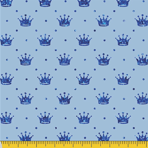 Tecido Tricoline Pequenas Coroas e Poás - Azul c/ Azul - 100% Algodão - Largura 1,50m