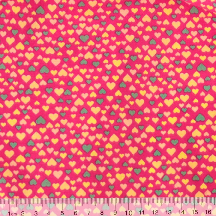 Tecido Tricoline Siena Corações Pequenos Coloridos - Fundo Rosa - 100% Algodão - Largura 1,50m