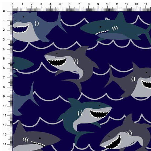 Tecido Tricoline Turma dos Tubarões - Azul Marinho - 100% Algodão - Largura 1,50m