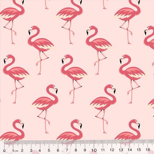Tecido Tricoline Flamingos Elegância - Rosa Claro - 100% Algodão - Largura 1,50m