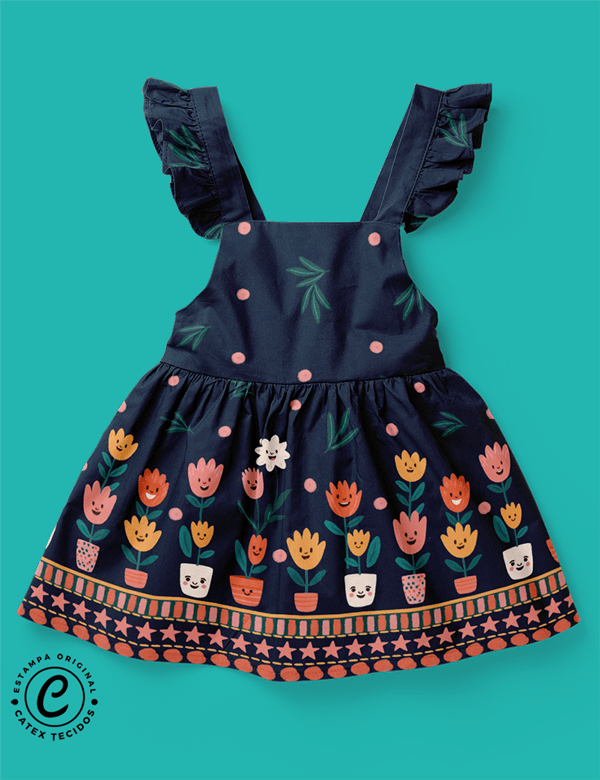 Tecido Viscose Especial Barra de Vestido Infantil Vasos de Flores