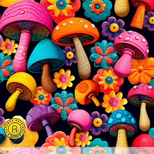 Tecido Viscose Especial Coleção  Coleção 3D - Cogumelos Coloridos - 55% Algodão e 45% Viscose - Largura 1,50m