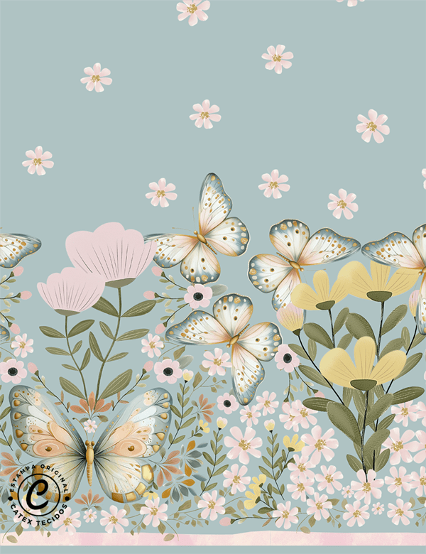 Tecido Viscose Especial Coleção Jardim Encantado por Amélia Costura - Barra de Vestido - Borboletas no Jardim - 100% Viscose - Largura 1,50m