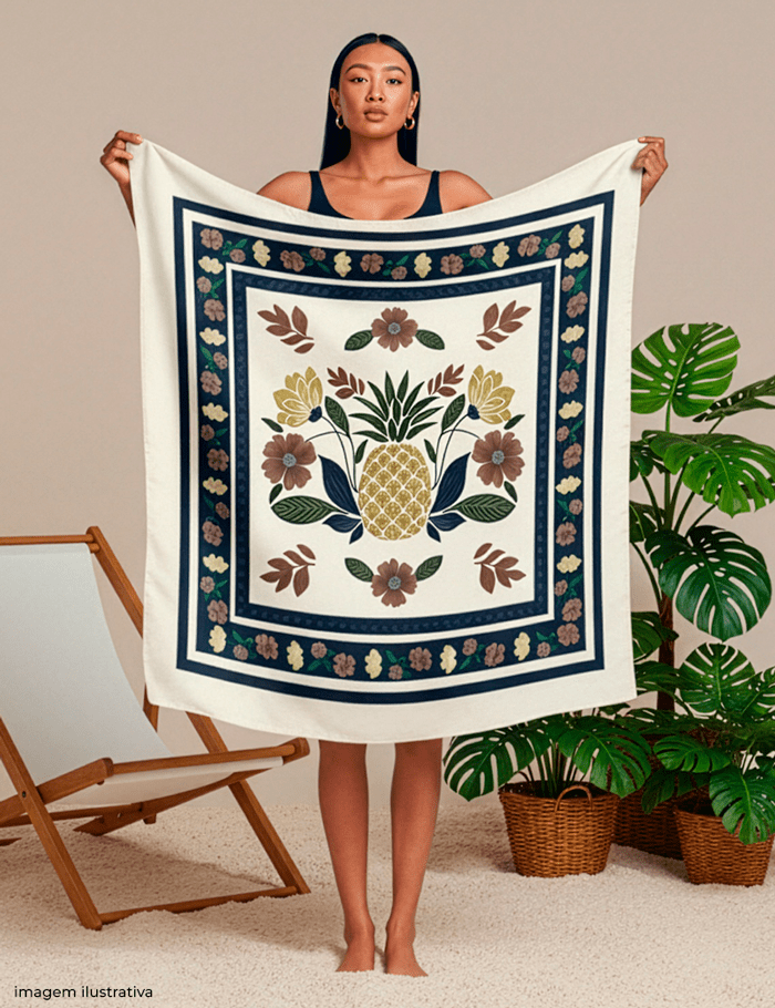 Tecido Viscose para Canga - Abacaxi Botânico - 100% Viscose - 1,30m x 1,40m