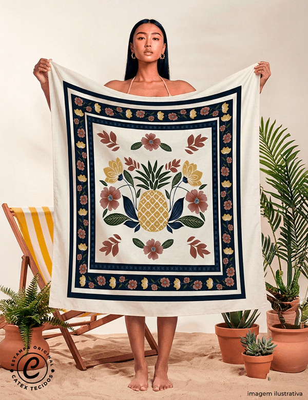 Tecido Viscose para Canga - Abacaxi Botânico - 100% Viscose - 1,30m x 1,40m